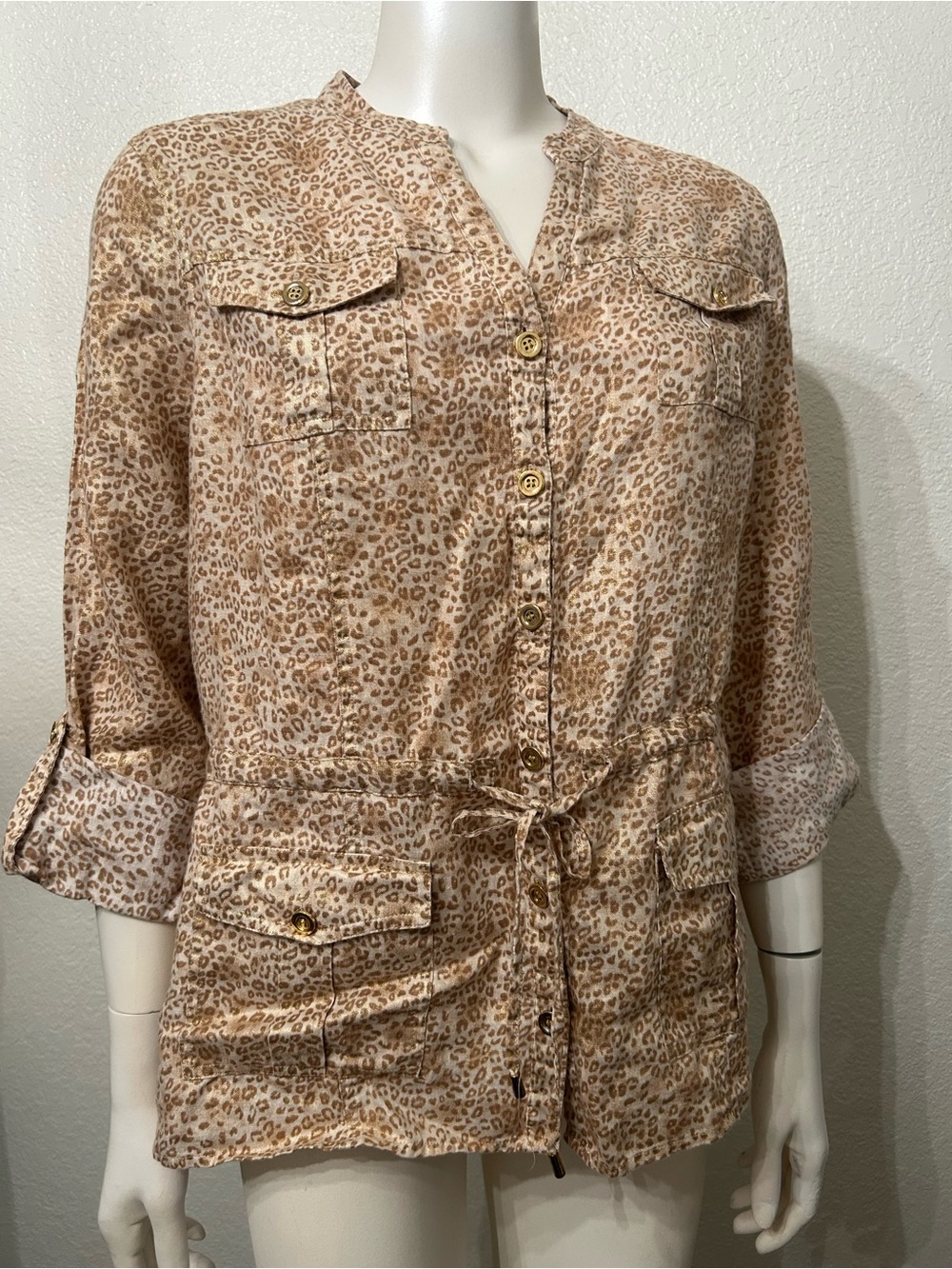 Charter Club Shimmering Lightweight Beige Leopard Print Utility Jacket 100% line